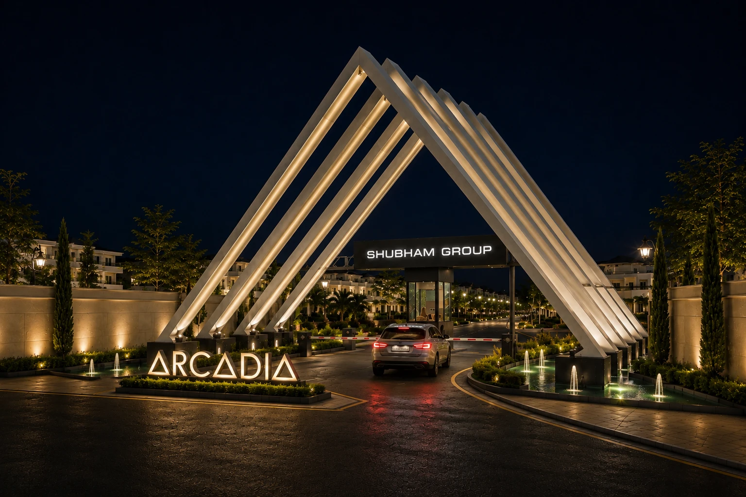 Illuminated gated entry of Shubham Arcadia