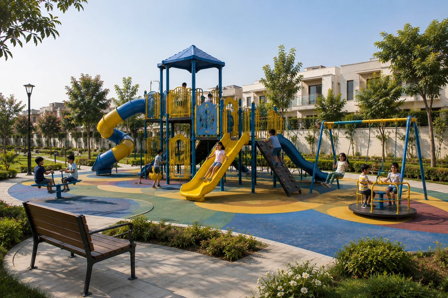 Children playing in the colourful play area
