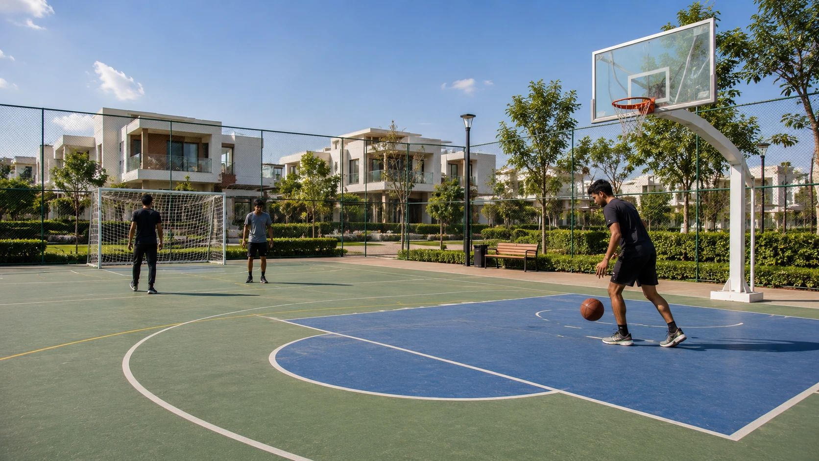 Multi-sport court with basketball and football goals
