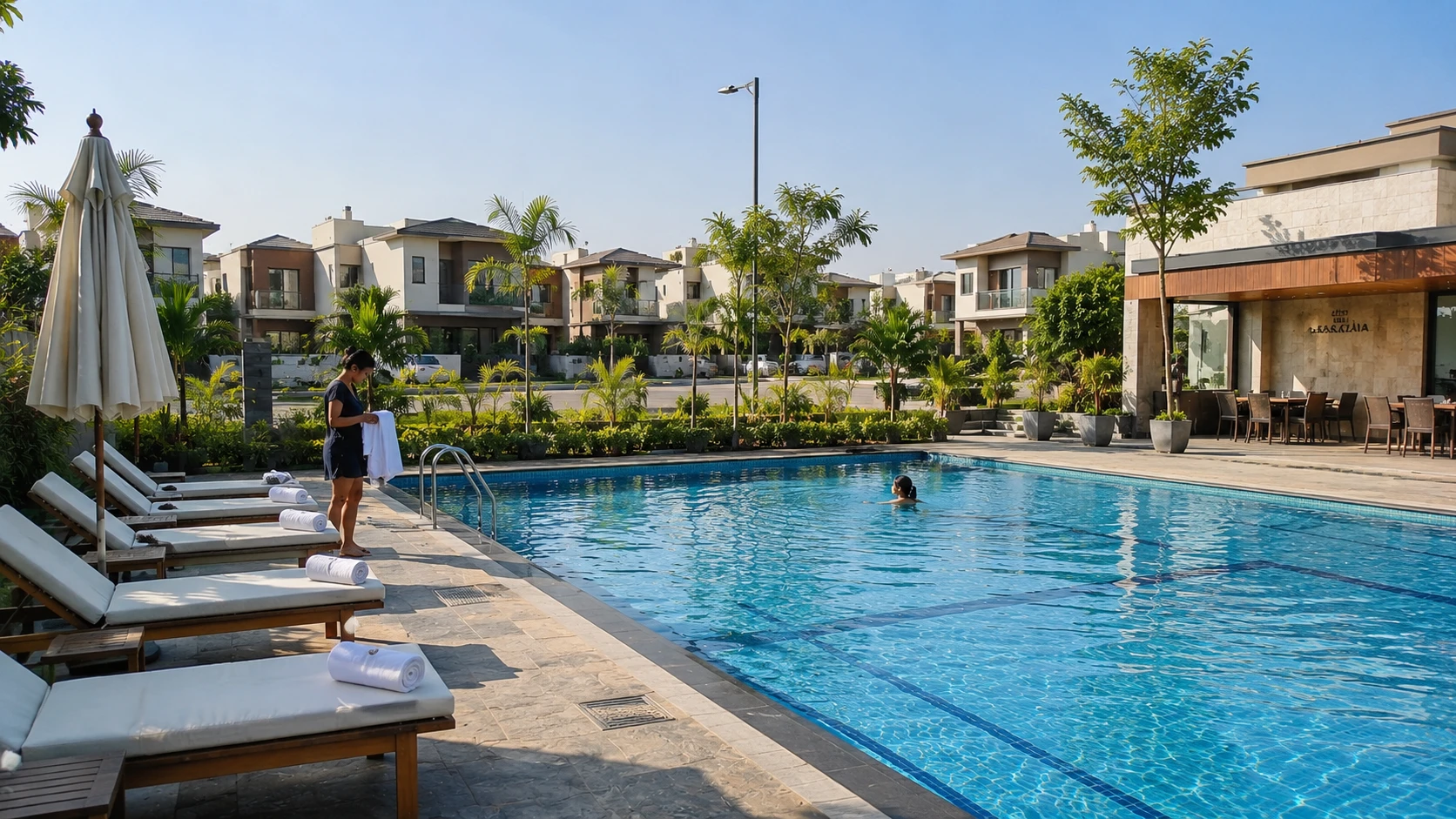 Swimming pool with loungers at the clubhouse