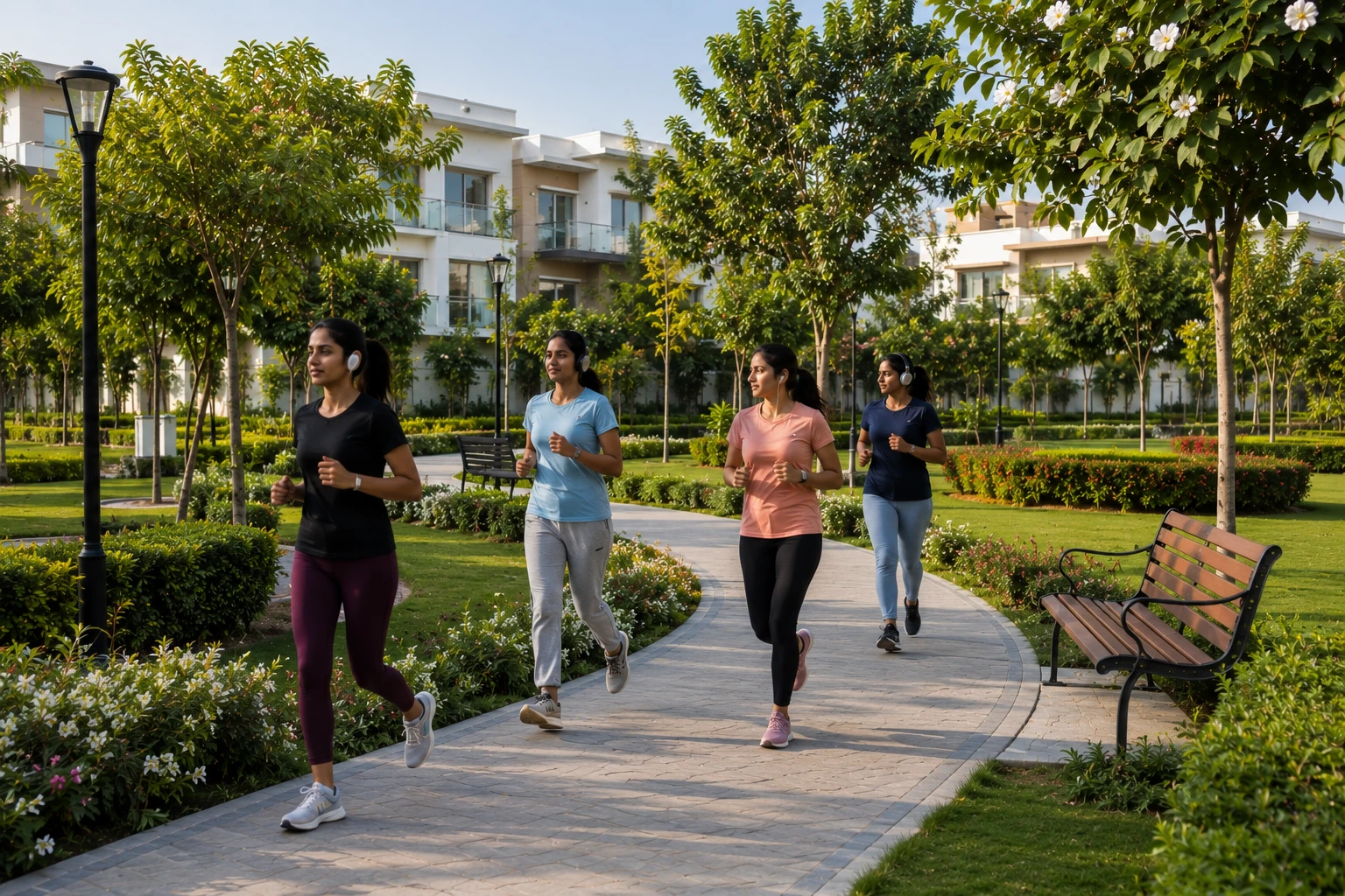 Residents jogging on a landscaped walking track