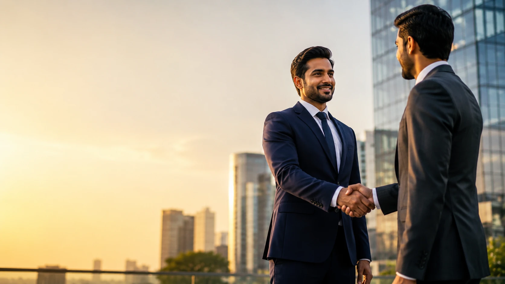 Two business professionals shaking hands at sunset