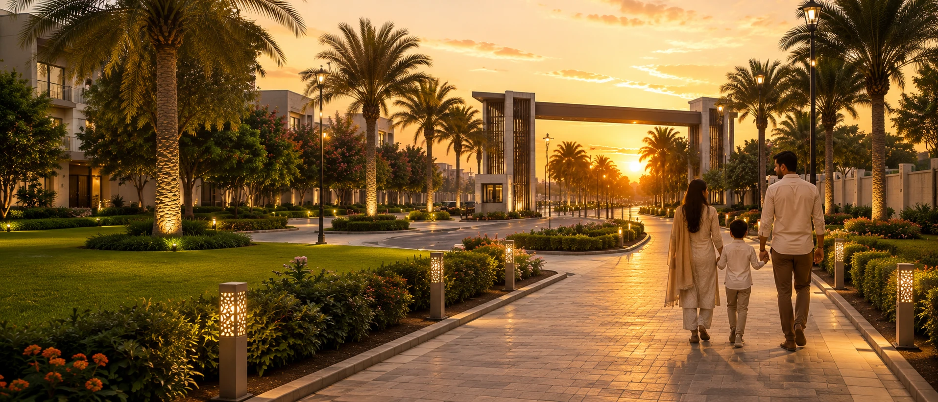 Family walking along a palm-lined path in a gated community at sunset